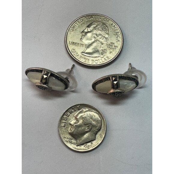 Estate Sterling Silver 925 Oval Marcasite Mother of Pearl EZ Back Stud Earrings - Picture 6 of 8